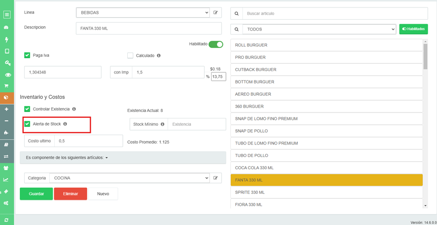 Activar alerta por producto